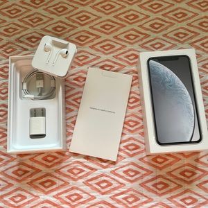 iphone charger, headphones, box